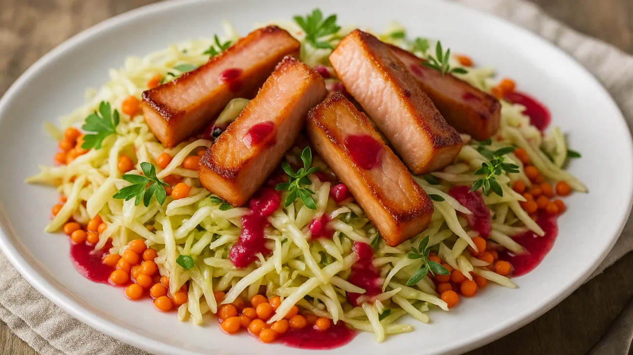 Krautsalat Teller, gebratenes Kasseler, Himbeeren"