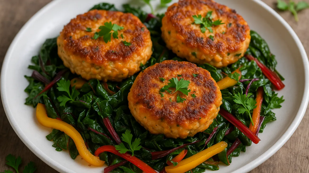 Lachs-Brot-Küchlein Mangold-Paprika-Salat Senf"