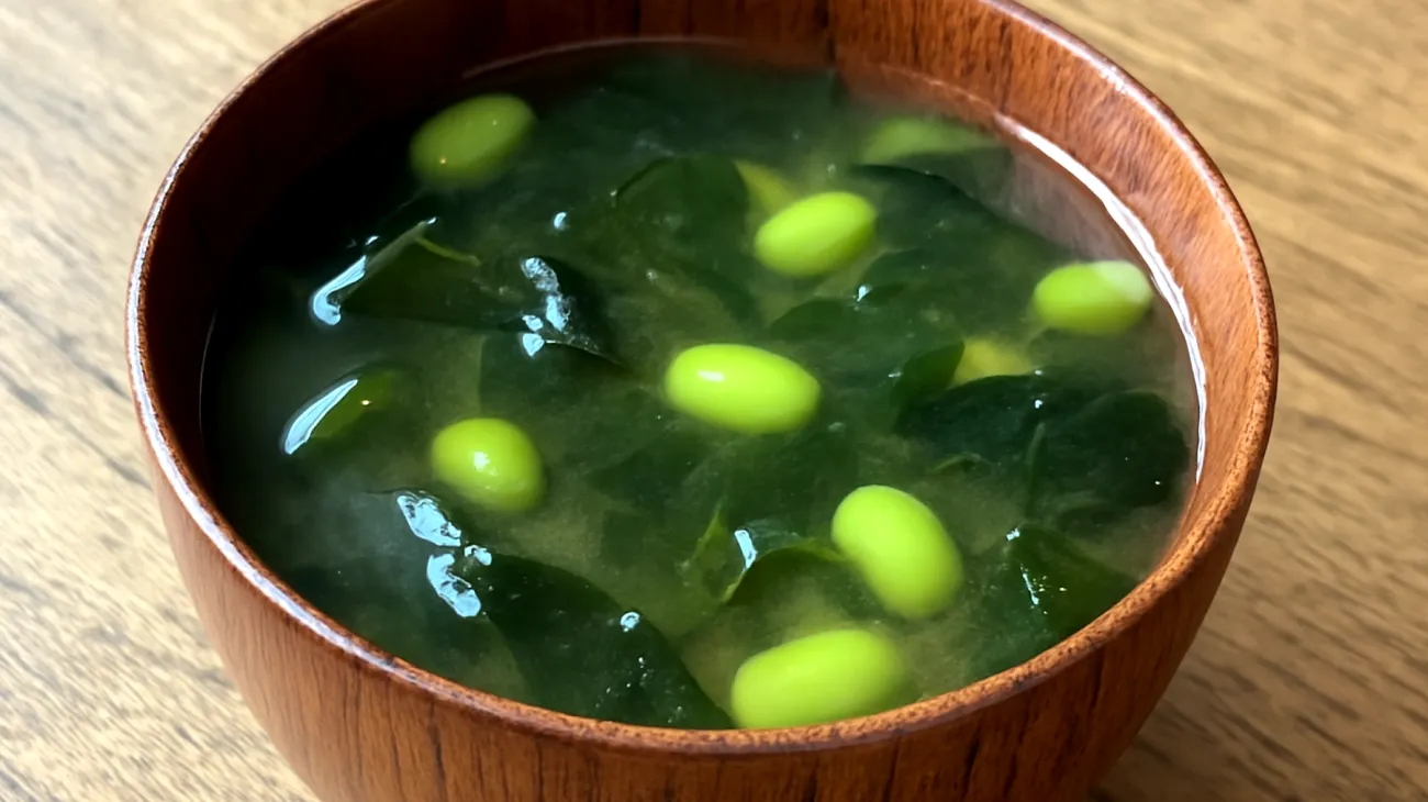 Miso-Suppe mit Wakame-Algen und Edamame"
