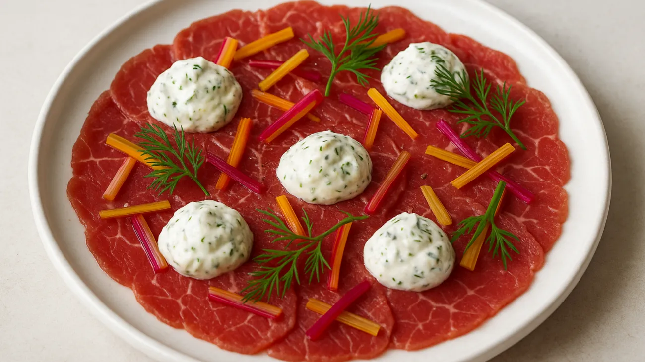 Rindfleisch-Quark-Carpaccio, bunter Mangold, Zitronensaft"